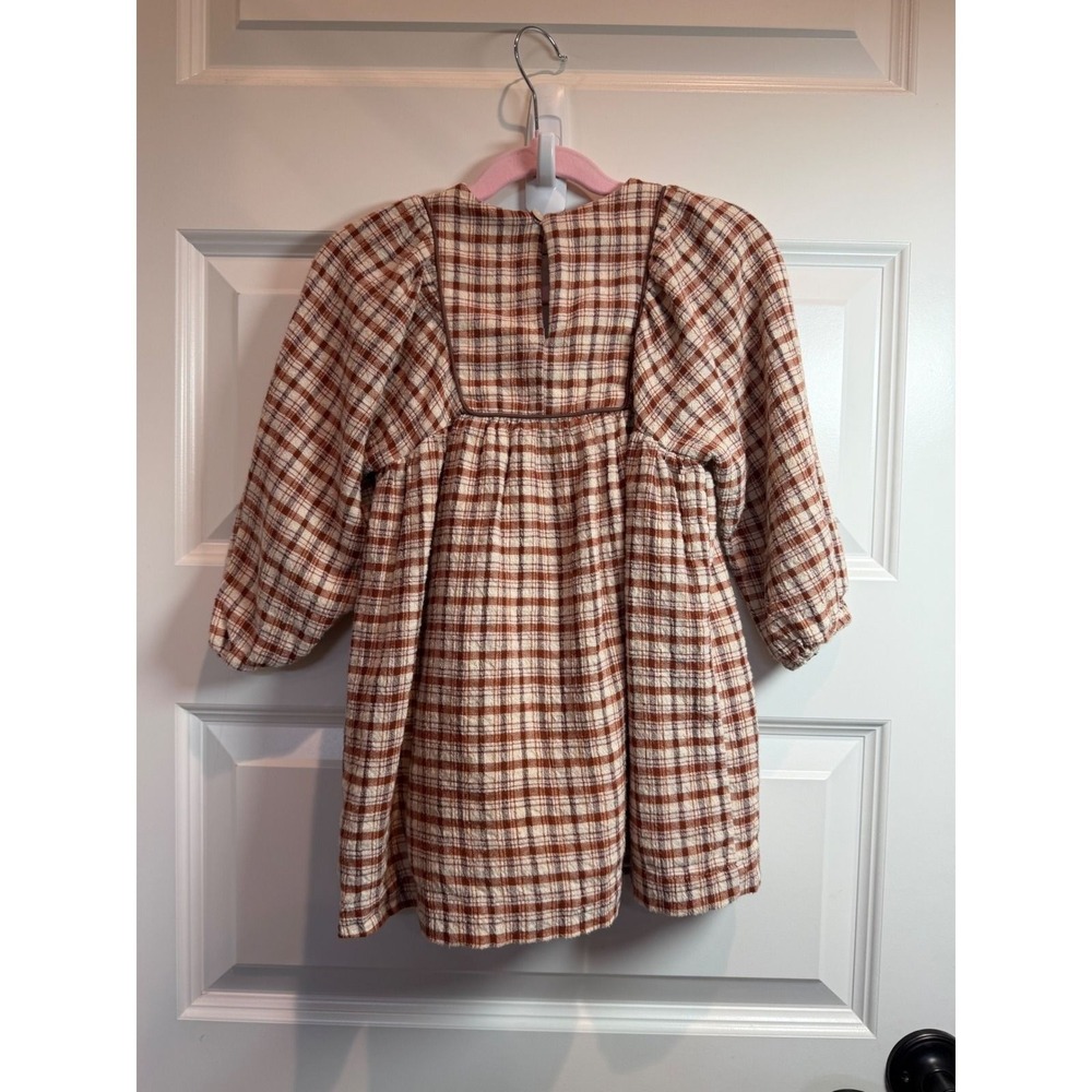 Zara Kids Girls Brown Plaid Textured Babydoll Dress Square Neck 4 Years 104cm - Picture 2 of 6